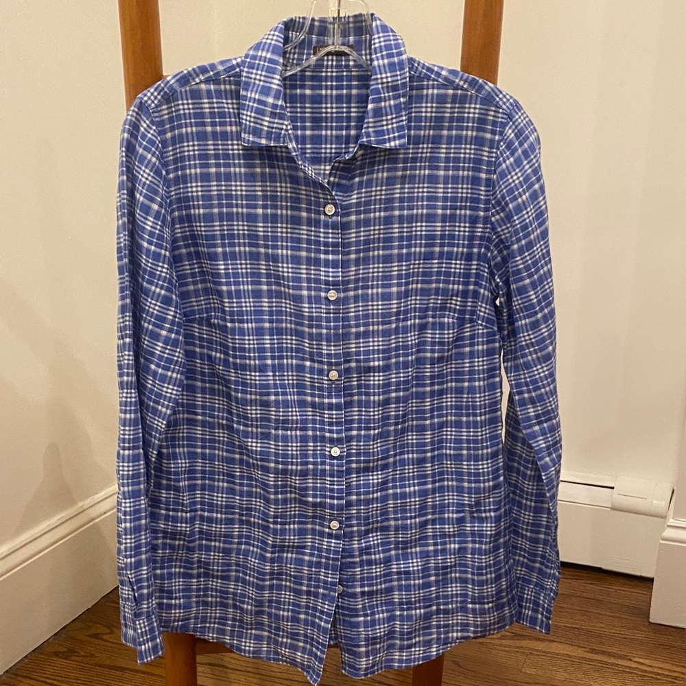 J. McLaughlin Blue and White Checkered Women’s Button Down Shirt